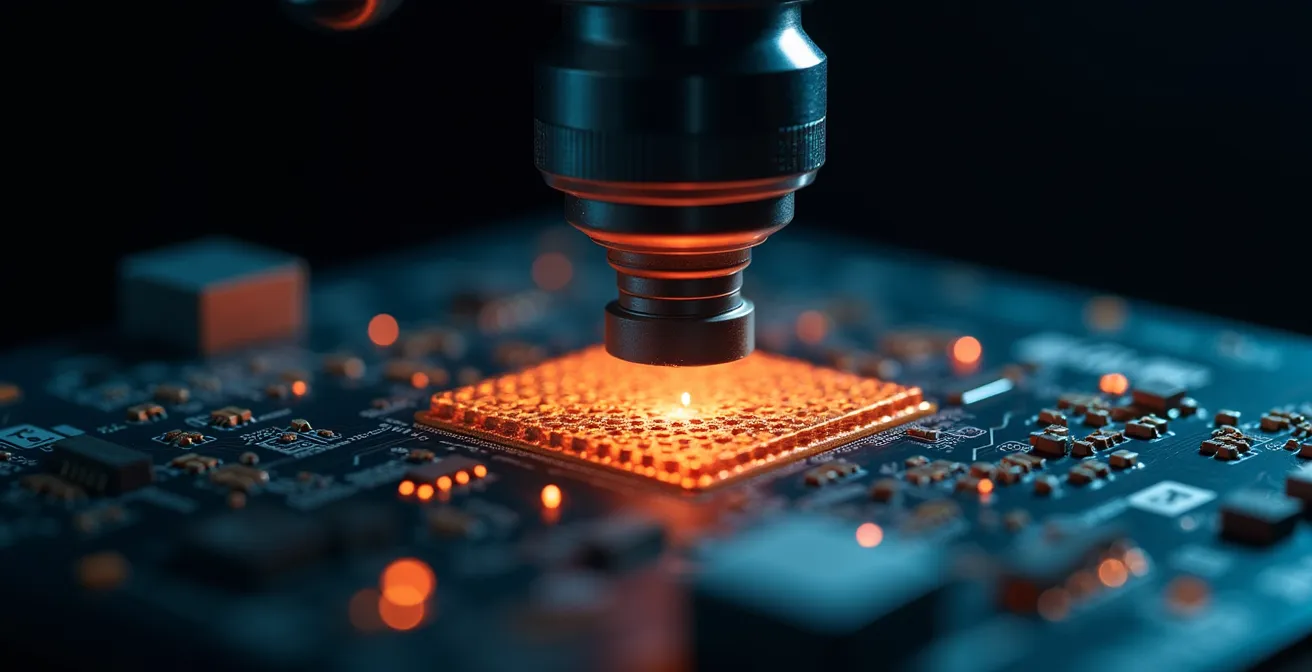 Hochauflösende Detailaufnahme einer PCB-Röntgeninspektion, um verborgene Leiterbahndefekte sichtbar zu machen.