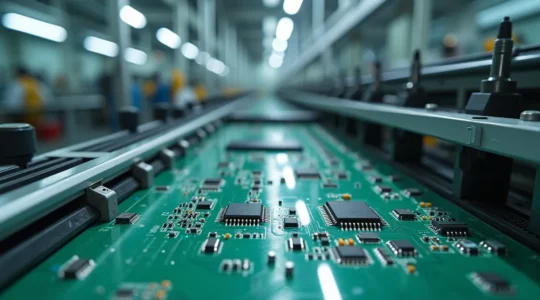 Eine minimalistische, hochpräzise Leiterplattenfertigungsszene mit sauberem Hintergrund und starkem negativen Raum, welche die Komplexität und technische Präzision der PCB-Herstellung darstellt, keine lesbaren Texte oder Logos.