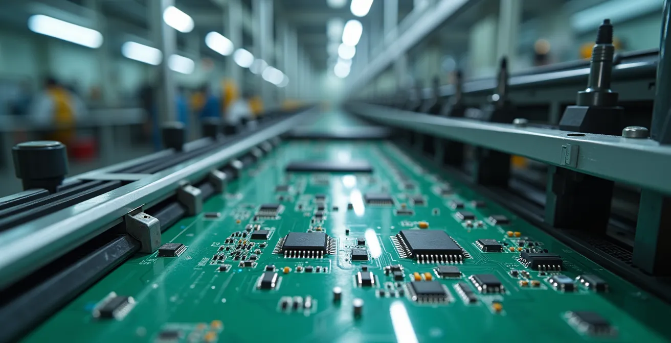 Eine minimalistische, hochpräzise Leiterplattenfertigungsszene mit sauberem Hintergrund und starkem negativen Raum, welche die Komplexität und technische Präzision der PCB-Herstellung darstellt, keine lesbaren Texte oder Logos.