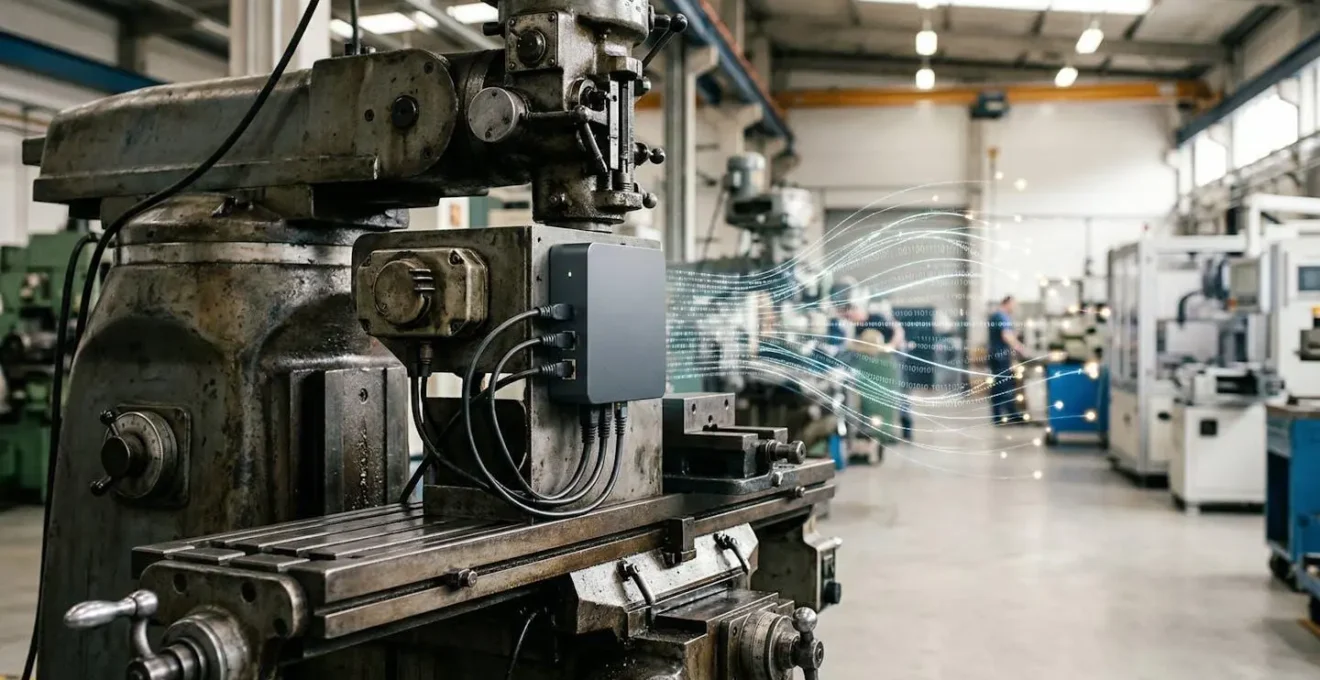 Alte Industriemaschine mit modernem IoT-Gateway verbunden in einer Fabrikhalle