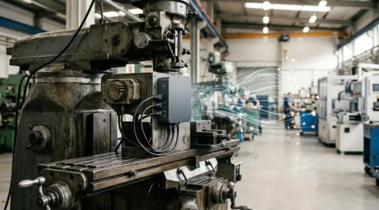 Alte Industriemaschine mit modernem IoT-Gateway verbunden in einer Fabrikhalle