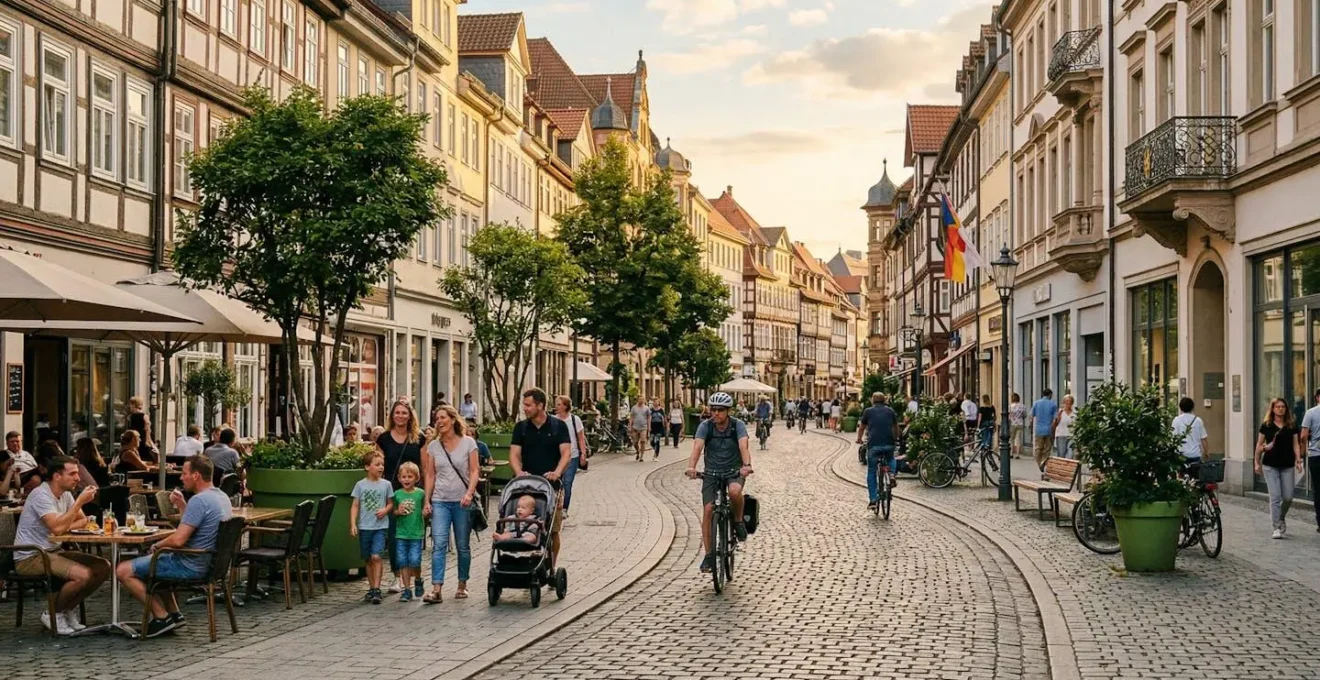Belebte Stadtstraße mit Fußgängern, Radfahrern und Straßencafés in autofreier Zone