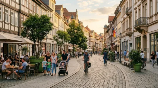 Belebte Stadtstraße mit Fußgängern, Radfahrern und Straßencafés in autofreier Zone