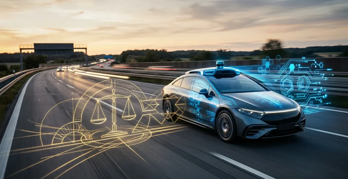 Autonomes Fahrzeug mit visuellen Sensoren auf deutscher Autobahn, rechtliche Symbole in abstrakten Formen