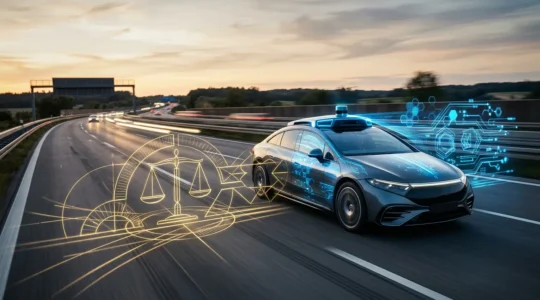Autonomes Fahrzeug mit visuellen Sensoren auf deutscher Autobahn, rechtliche Symbole in abstrakten Formen