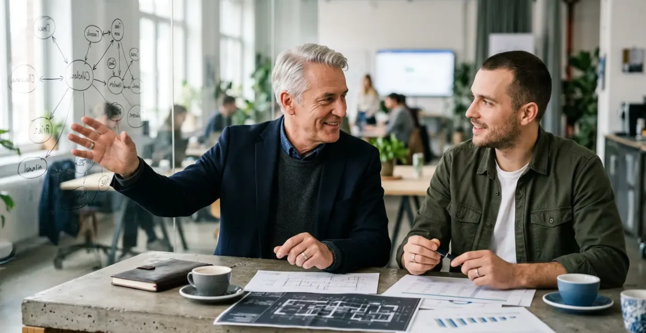 Business Angel und Gründer in strategischem Gespräch über Finanzierung und Netzwerkkontakte