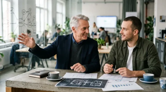 Business Angel und Gründer in strategischem Gespräch über Finanzierung und Netzwerkkontakte