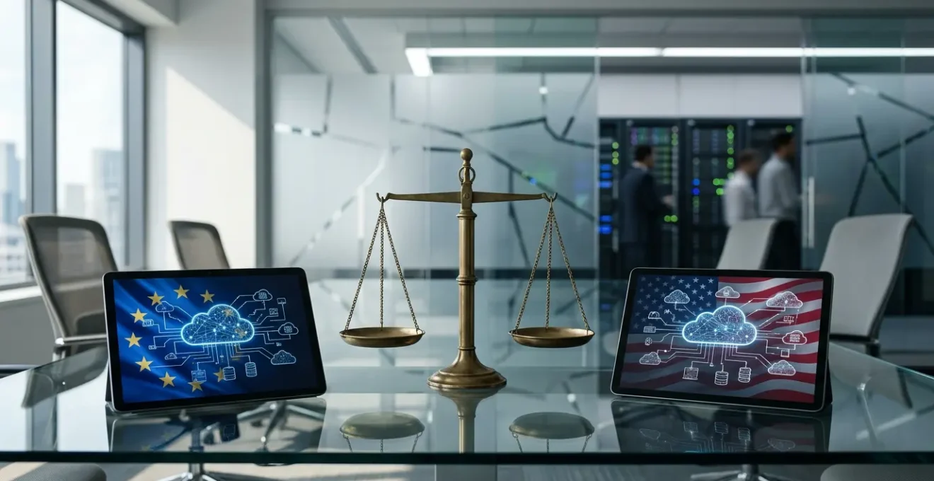 Geschäftsperson analysiert Cloud-Compliance auf Tablets mit europäischen und US-Flaggen im Hintergrund