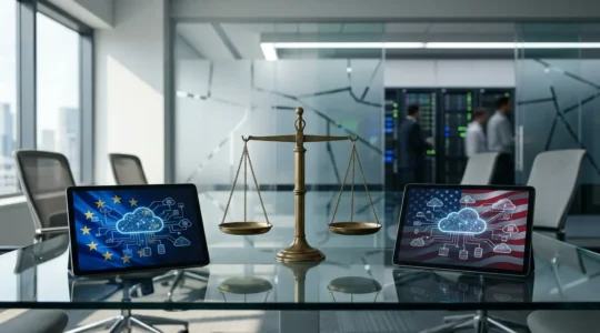 Geschäftsperson analysiert Cloud-Compliance auf Tablets mit europäischen und US-Flaggen im Hintergrund