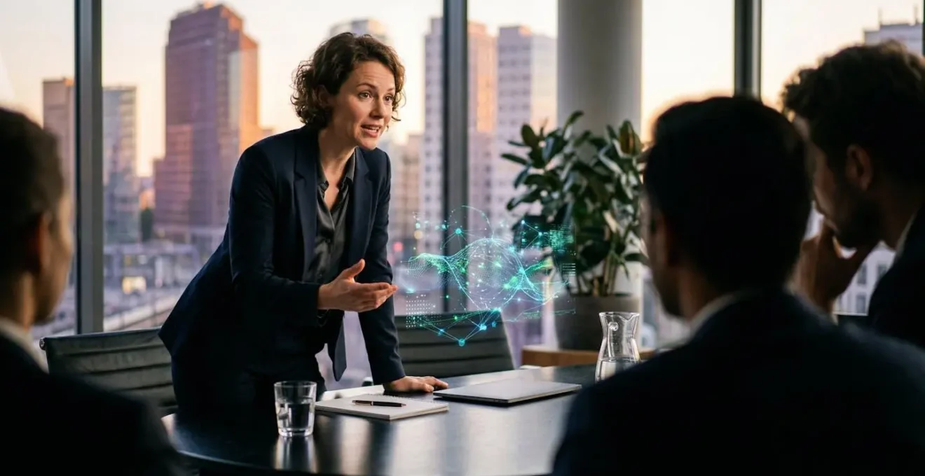 Gründer präsentiert innovatives Deep-Tech-Konzept vor deutschen Venture Capitalists in modernem Konferenzraum