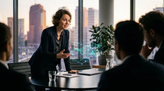Gründer präsentiert innovatives Deep-Tech-Konzept vor deutschen Venture Capitalists in modernem Konferenzraum