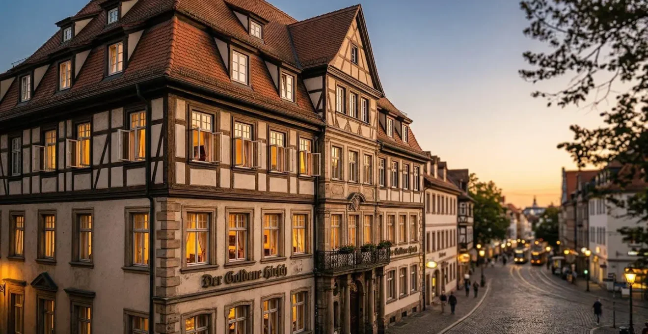 Deutsches Hotel in historischem Gebäude mit geöffneten Fenstern in der Abenddämmerung