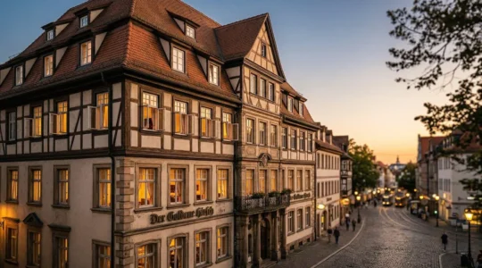 Deutsches Hotel in historischem Gebäude mit geöffneten Fenstern in der Abenddämmerung