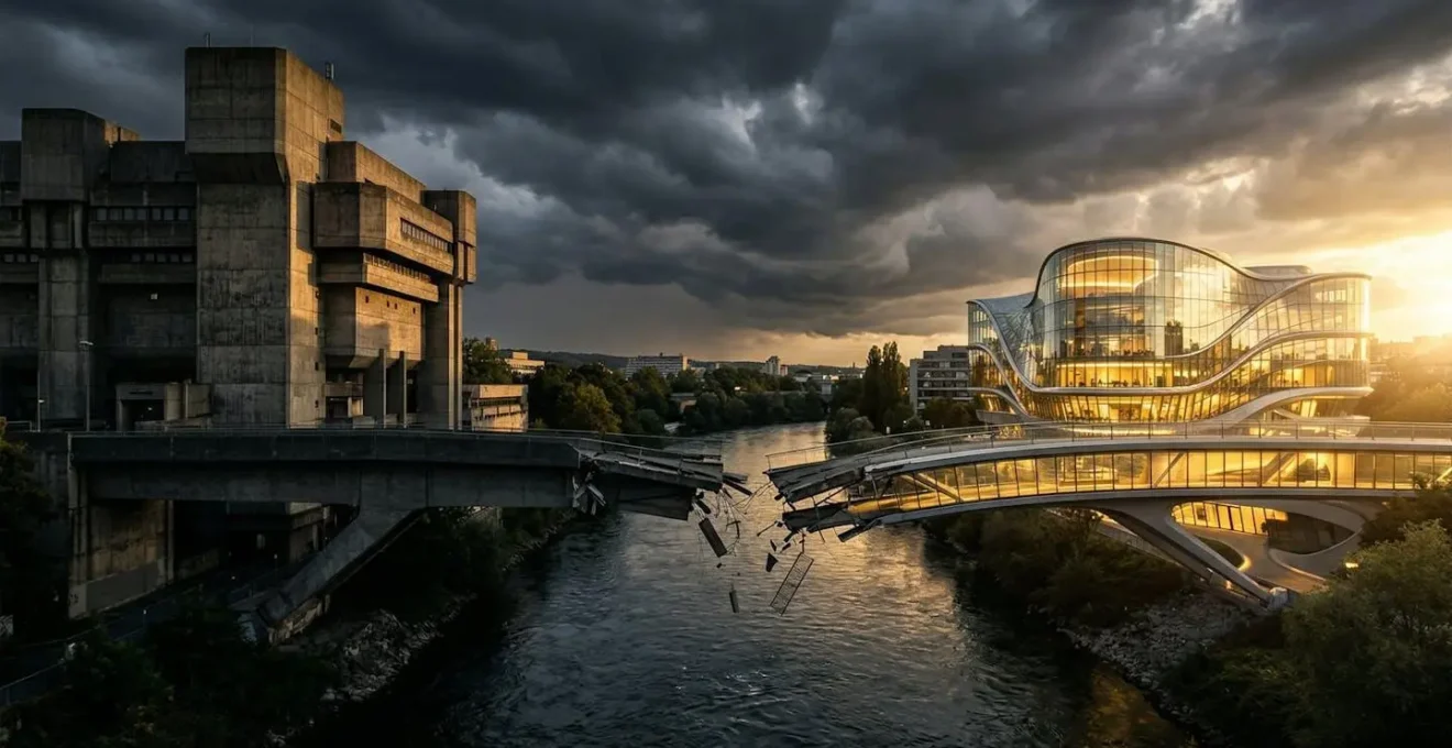 Zerbrochene Brücke zwischen traditionellem Bürogebäude und futuristischem Innovationslabor symbolisiert die Innovationslücke deutscher Konzerne