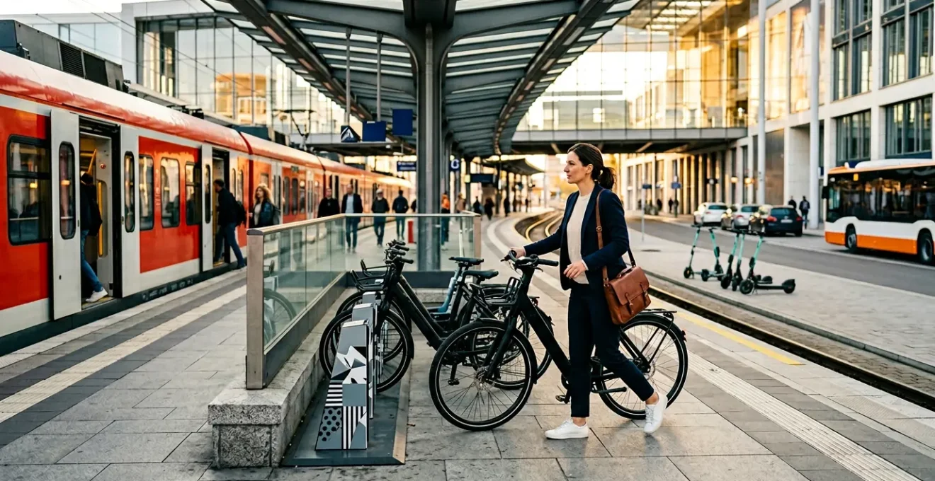 Pendler mit Deutschlandticket wechselt zwischen Zug und Leihfahrrad an einem modernen Bahnhof