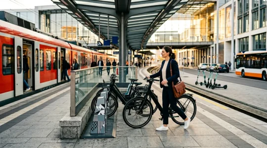 Pendler mit Deutschlandticket wechselt zwischen Zug und Leihfahrrad an einem modernen Bahnhof