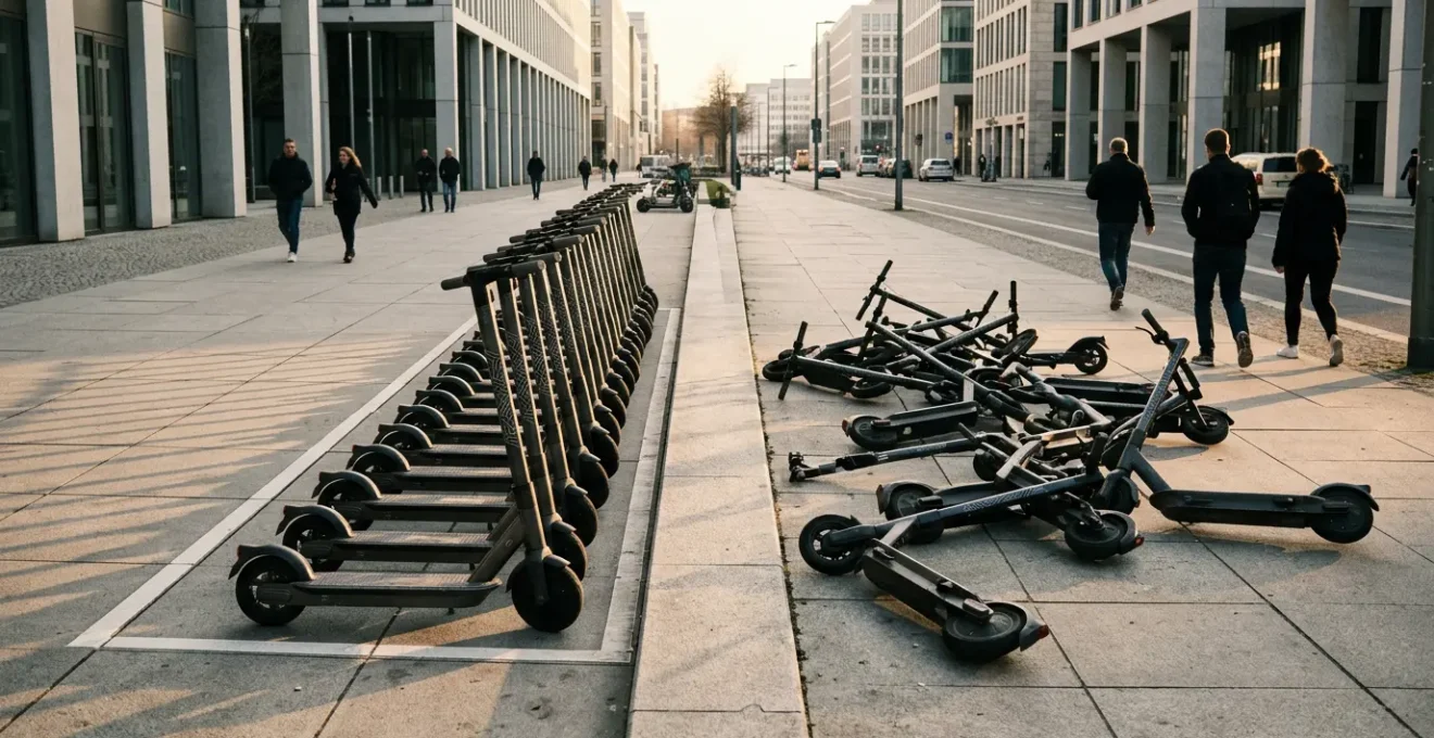 Urbane Straßenszene mit ordentlich geparkten E-Scootern neben chaotisch abgestellten Exemplaren