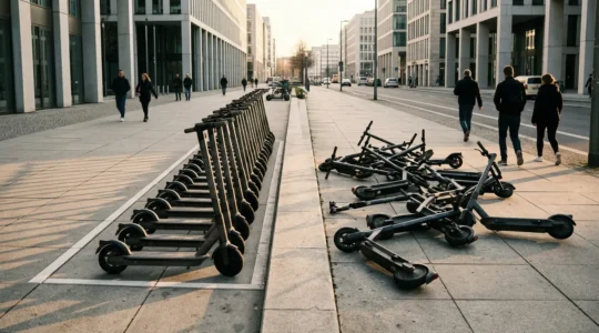 Urbane Straßenszene mit ordentlich geparkten E-Scootern neben chaotisch abgestellten Exemplaren