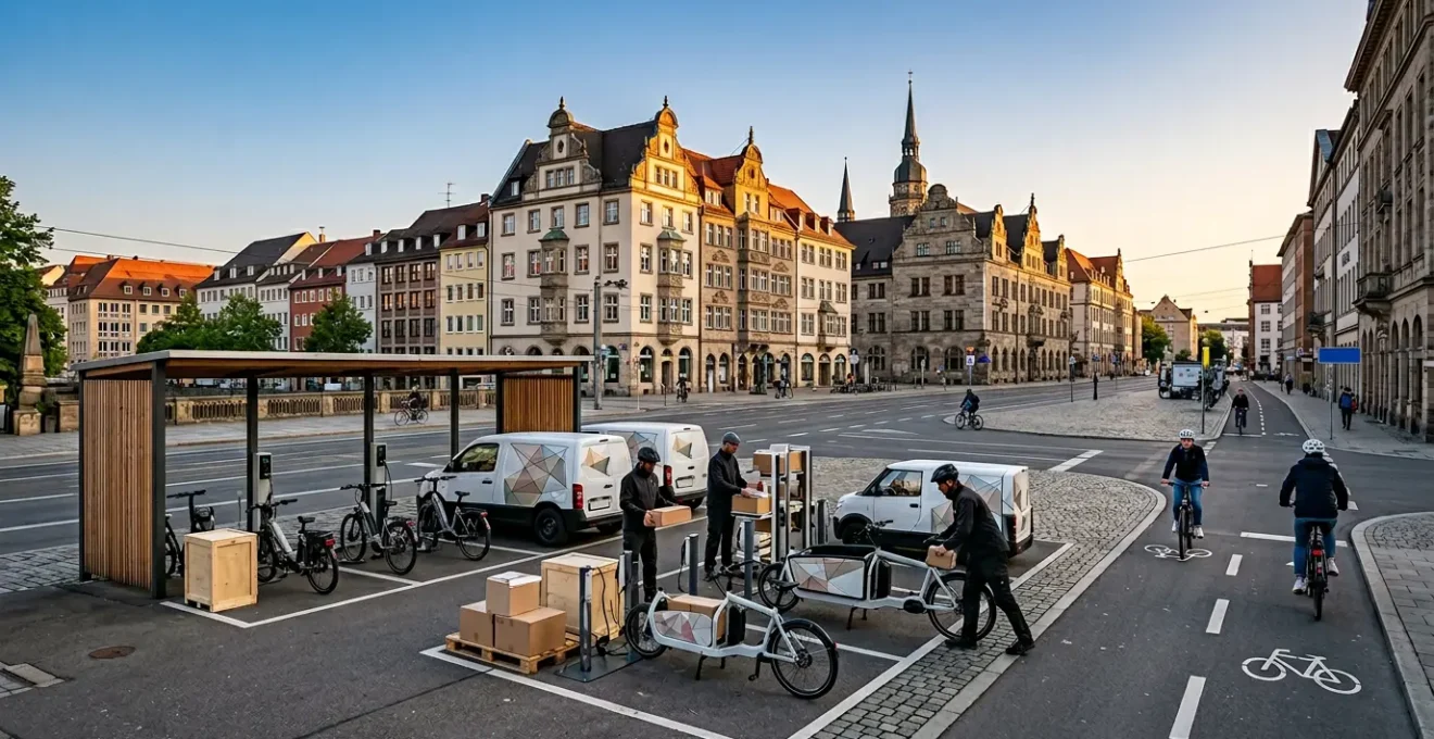 Nachhaltige Stadtlogistik mit elektrischen Fahrzeugen und Lastenrädern in deutscher Innenstadt