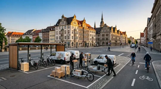Nachhaltige Stadtlogistik mit elektrischen Fahrzeugen und Lastenrädern in deutscher Innenstadt