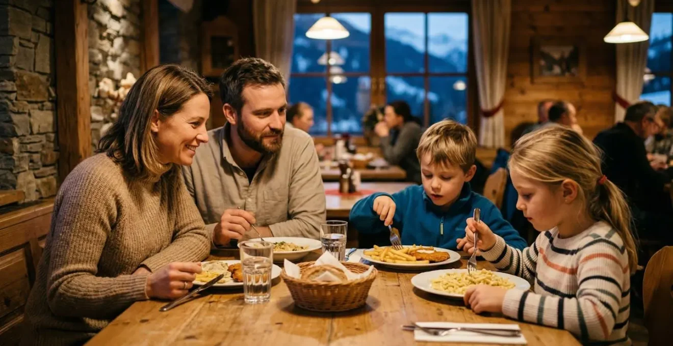 Familie mit zwei Kindern im österreichischen Skihotel beim Abendessen