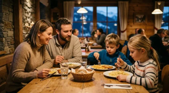 Familie mit zwei Kindern im österreichischen Skihotel beim Abendessen