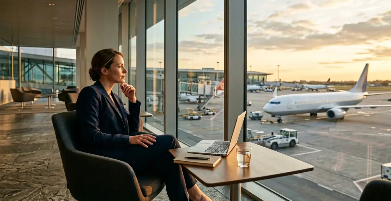Geschäftsreisender am Frankfurter Flughafen mit Blick auf startende Flugzeuge