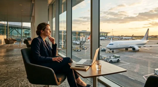 Geschäftsreisender am Frankfurter Flughafen mit Blick auf startende Flugzeuge