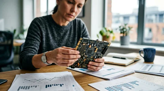 Geschäftsmann analysiert Hardware-Prototyp mit Finanzunterlagen im modernen Büro