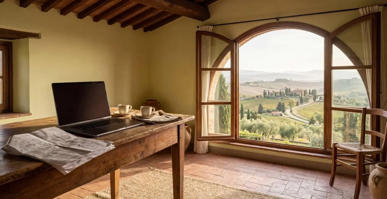 Arbeitsplatz in italienischem Ferienhaus mit Laptop und Steuerunterlagen