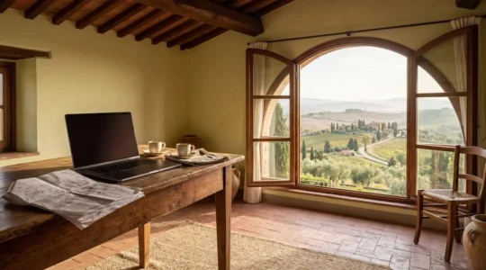 Arbeitsplatz in italienischem Ferienhaus mit Laptop und Steuerunterlagen