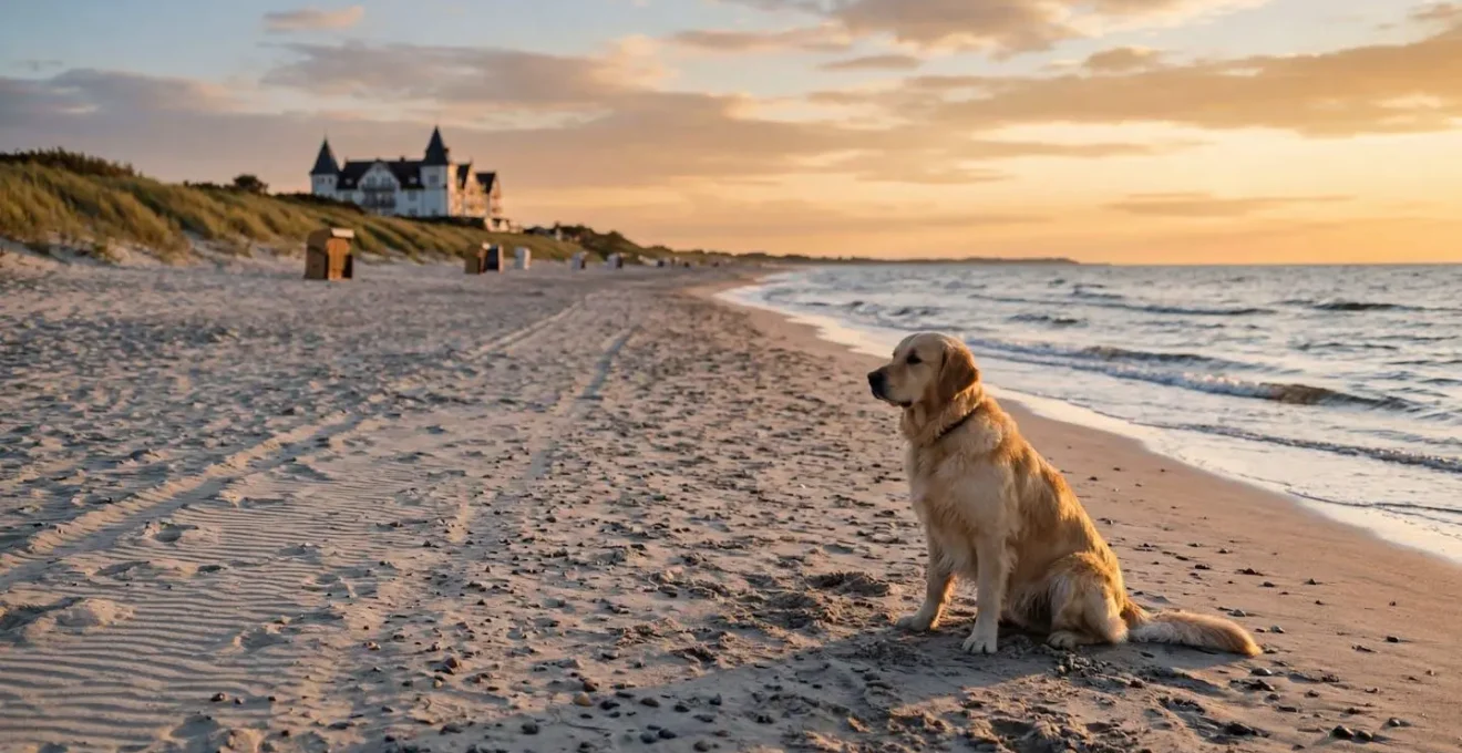Hund und Besitzer vor hundefreundlichem Hotel an der Ostsee