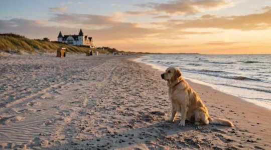 Hund und Besitzer vor hundefreundlichem Hotel an der Ostsee