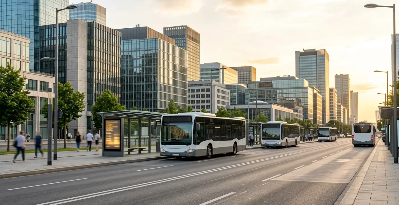 Stadtbusse an einer modernen Haltestelle mit digitalen Anzeigen