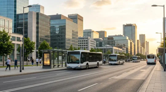 Stadtbusse an einer modernen Haltestelle mit digitalen Anzeigen