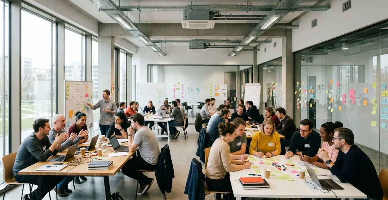 Teams arbeiten gemeinsam an digitalen Lösungen während eines internen Hackathons