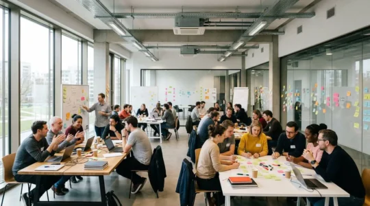 Teams arbeiten gemeinsam an digitalen Lösungen während eines internen Hackathons