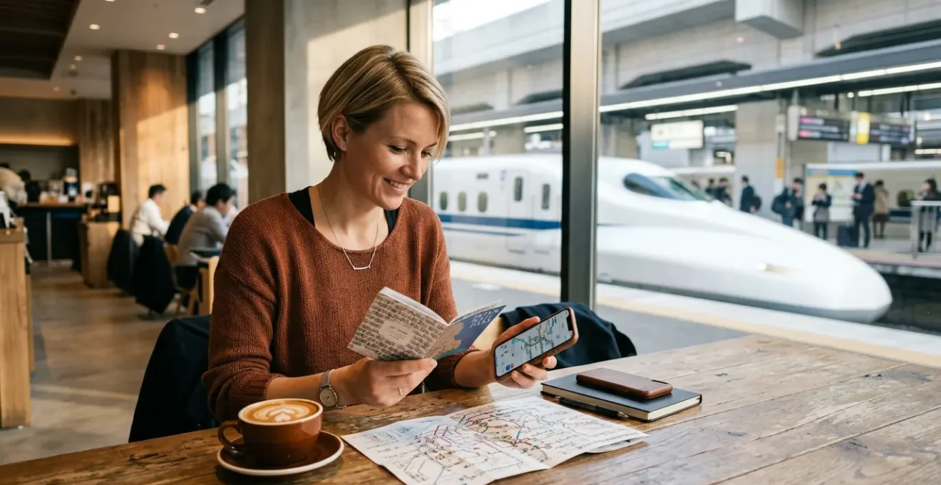 Reisende mit Smartphone und Bahnkarte vor japanischem Bahnhof mit Shinkansen im Hintergrund