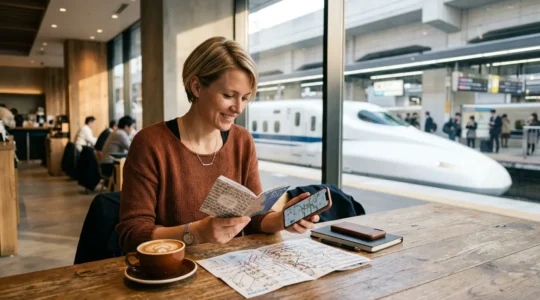 Reisende mit Smartphone und Bahnkarte vor japanischem Bahnhof mit Shinkansen im Hintergrund