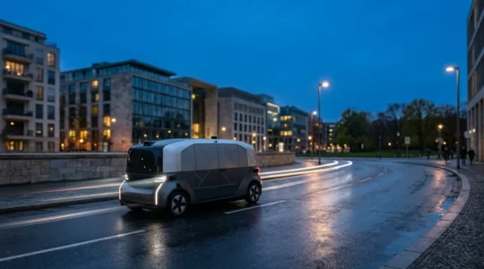 Futuristische Darstellung eines autonomen Fahrzeugs in einer deutschen Stadtlandschaft mit visualisierten Preiskalkulationen