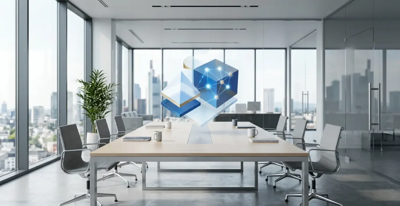 Moderne Büroumgebung mit holografischen Finanzdiagrammen und Blockchain-Netzwerk-Visualisierungen