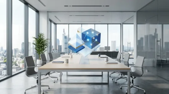 Moderne Büroumgebung mit holografischen Finanzdiagrammen und Blockchain-Netzwerk-Visualisierungen