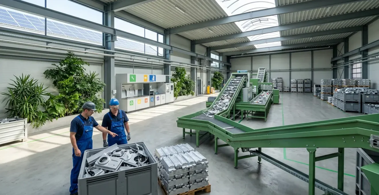 Industriehalle mit nachhaltiger Produktion und Kreislaufwirtschaftselementen