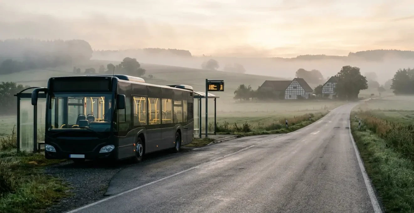 Ein leerer Bus an einer ländlichen Haltestelle mit digitaler Anzeigetafel im Morgengrauen