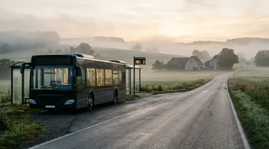 Ein leerer Bus an einer ländlichen Haltestelle mit digitaler Anzeigetafel im Morgengrauen