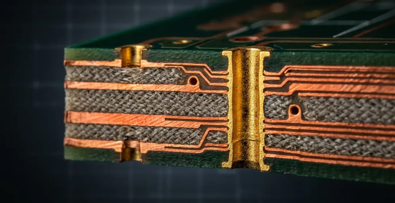 Mehrlagige Leiterplatte mit deutlich sichtbarem Lagenaufbau und Signalführung für EMV-Optimierung