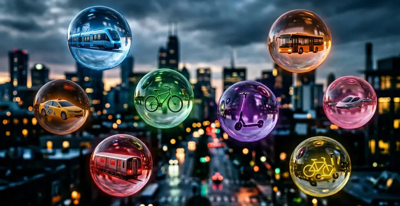 Abstrakte Darstellung verschiedener Verkehrsmittel in einem fragmentierten digitalen Netzwerk