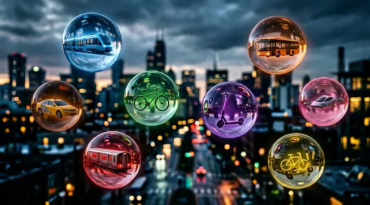 Abstrakte Darstellung verschiedener Verkehrsmittel in einem fragmentierten digitalen Netzwerk