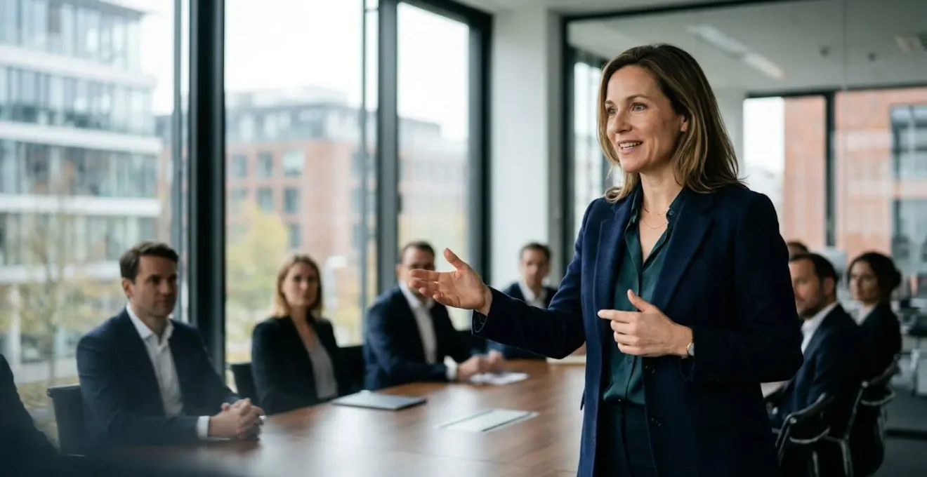 Professionelle Geschäftsfrau präsentiert mit Selbstvertrauen vor Investoren in einem modernen Meetingraum