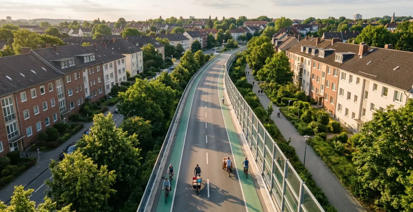 Visualisierung eines modernen Radschnellwegs in dicht besiedeltem Stadtgebiet mit separaten Fahrspuren